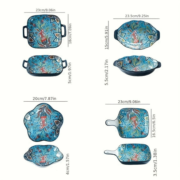 4pcs Bohemian Ceramic Bakeware Set - Rectangular Cooking Dishes, Casserole Pans & Serving Bowls, Classic Decorative Oven & Tableware for Pasta, Casseroles, Baked Dishes, Serving Dish Set|Floral