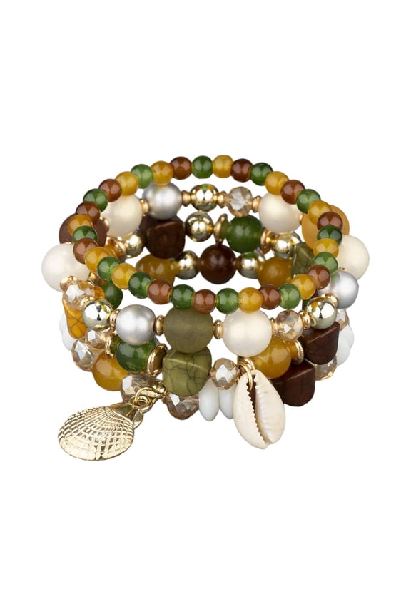 4pcs Bohemian Layer Bracelet Bead String Set Elastic Bangle Woven Charm Jewelry Boho Hippie Stacking Wrap Stretch Cord, 6 cm, Green