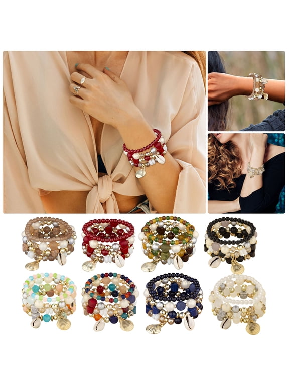 4pcs Bohemian Layer Bracelet Bead String Set Elastic Woven Bangle Hippie Jewelry