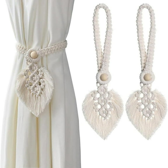 4pcs Bohemian Leaf Tassel Curtain Raffle Holder, Adjustable Polyester Rope with Wooden Beads, Boho Style Decorative Curtain Clamps for Bedroom, Living Room, Kitchen