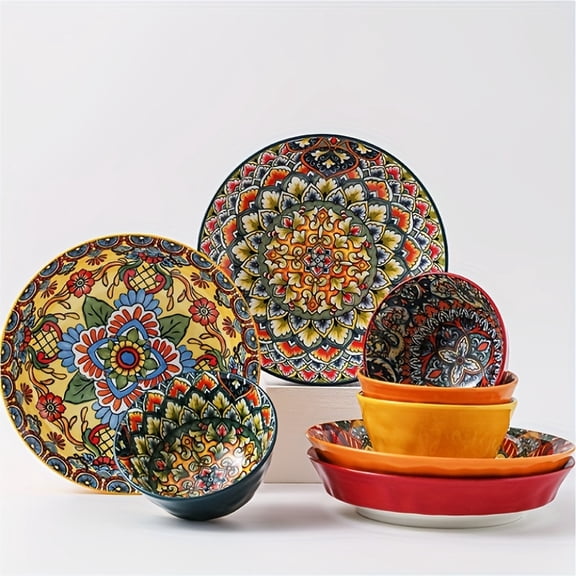 4pcs Bohemian Style Ceramic Bowl | Hand-painted Underglaze Colored, Double-sided, Microwave Safe, Round Shape, 9.5 Inches for Noodle Salad, Home Kitchen, Restaurant, Hotel, Tableware Accessories