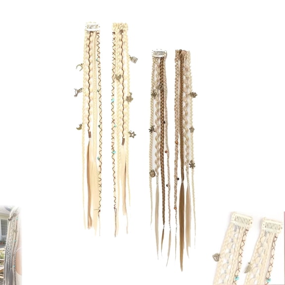 4pcs Boho Beaded Clip-In Braids, Boho Dreadlock Clip-In Hair Extensions, 20" Braided Hair With Beads & Charms, Adjustable Snapback For Festival & Daily (4PCS-b)