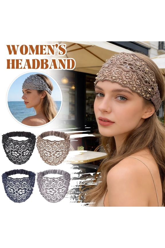 4pcs Boho-Chic Crystal & Pearl Embellished Wide Headbands, Wide Boho Pearl Headband for Wome, Floral Beaded Lace Elastic Headband Suitable for Daily Wear and Weddings Stylingvarious Holidays