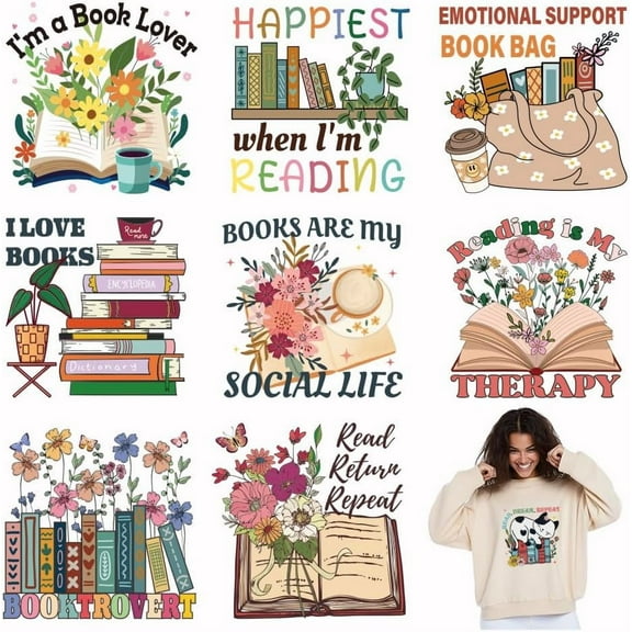 4pcs Books Flowers Heat Transfer Stickers Reading Quotes Iron on Transfers Iron on Patches Stickers Washable Heat Transfer Paper for Clothing T-Shirt Jeans Back to School