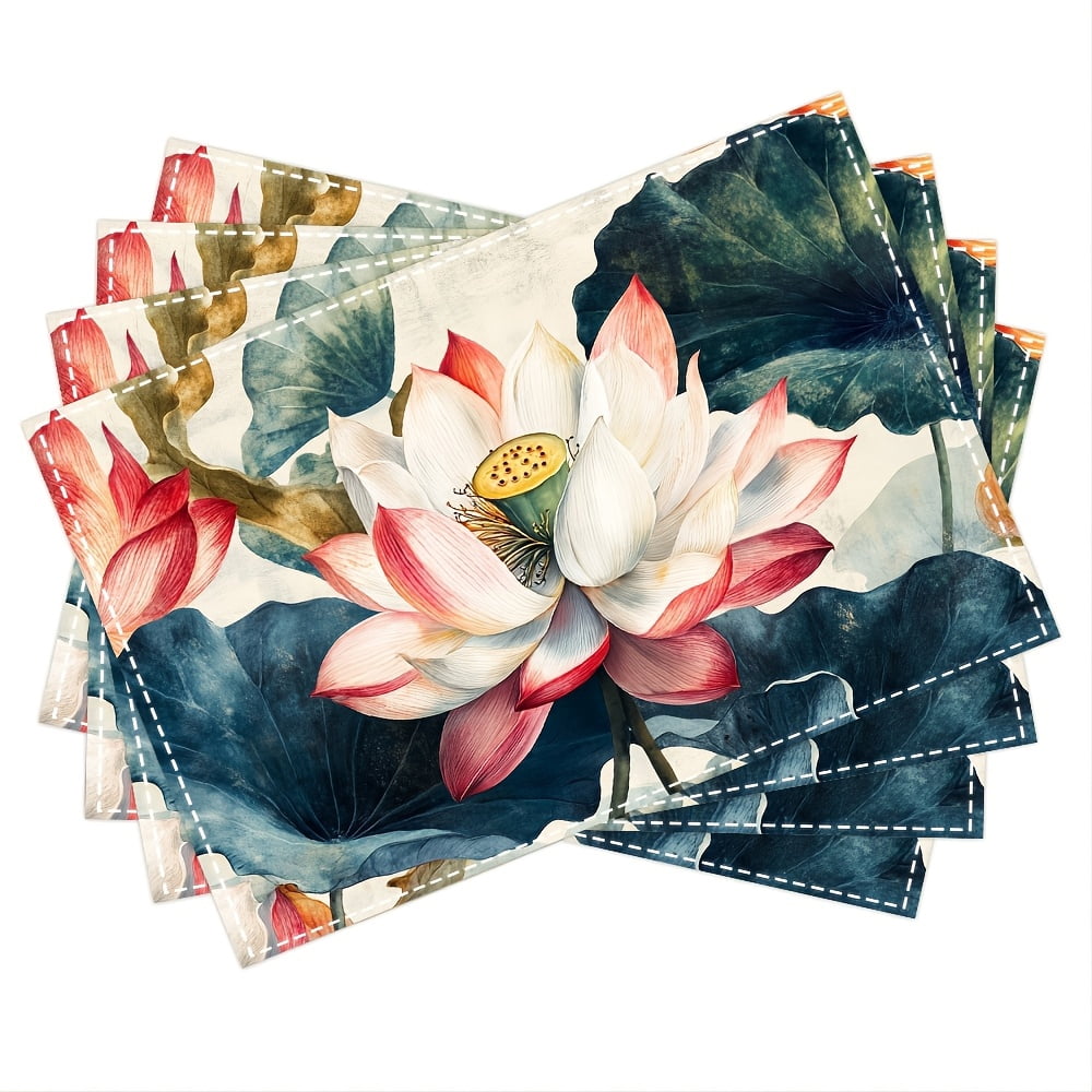 4pcs,Botanical Lotus Flower Design White Multi placemats, fashion print ...