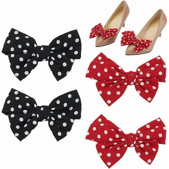 4pcs Bow Shoe Clips 2 Colors Dots Shoes Buckles Bowknot Shoe Buckle Clip Detachable Shoe Charms Black Shoe Buckle Decorative for Woman Heels Flats Pumps Party Accessorie 4.7 Inch Wide