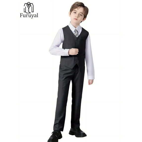 4pcs Boy's Gentleman Suit, Suit Jacket Long Sleeve Plain Color Shirt & Pants & Vest & Tie, Spring And Autumn Boys Preppy Style Vest Set For Competition Performance Wedding Banquet Dress