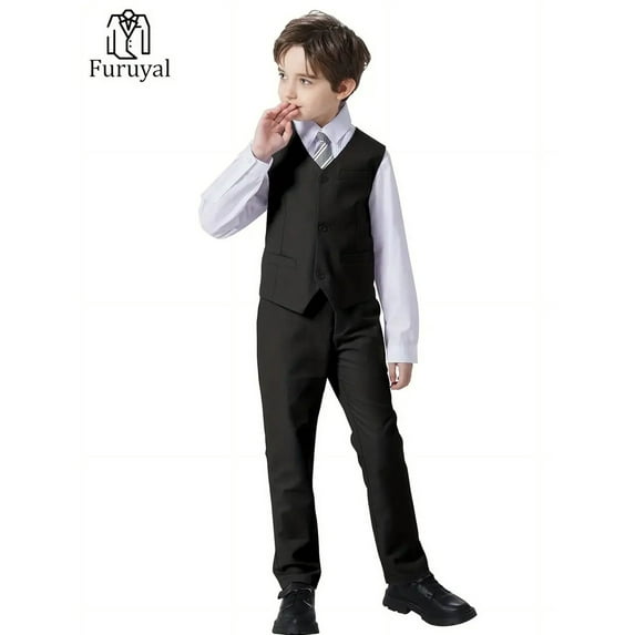 4pcs Boy's Gentleman Suit, Suit Jacket Long Sleeve Plain Color Shirt & Pants & Vest & Tie, Spring And Autumn Boys Preppy Style Vest Set For Competition Performance Wedding Banquet Dress