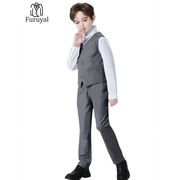 4pcs Boy's Gentleman Suit, Suit Jacket Long Sleeve Plain Color Shirt & Pants & Vest & Tie, Spring And Autumn Boys Preppy Style Vest Set For Competition Performance Wedding Banquet Dress