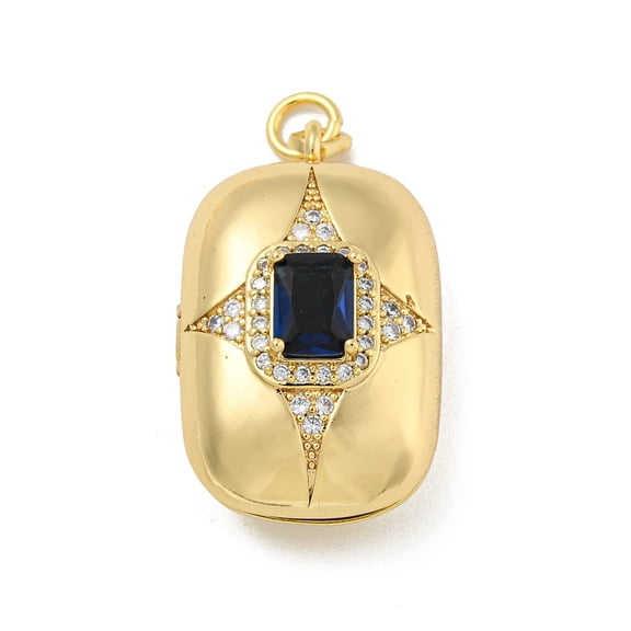4pcs Brass Cubic Zirconia Locket Pendants Photo Frame with Jump Ring golden Dark Blue Rectangle 33x20x15mm Hole: 4mm Inner Diameter: 26x17mm