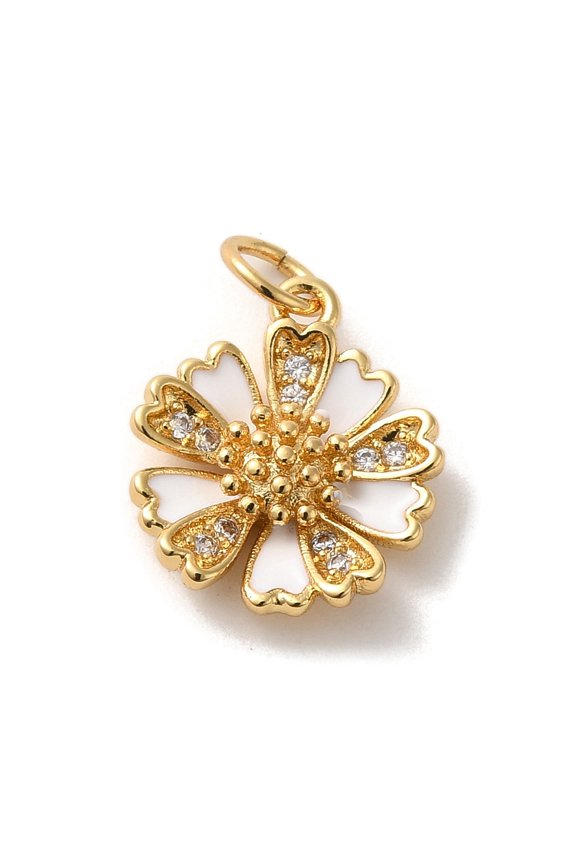 4pcs Brass Micro Pave Cubic Zirconia Pendants with Enamel Jump Rings Flower Golden 14x12.5x3.5mm Hole: 3.6mm