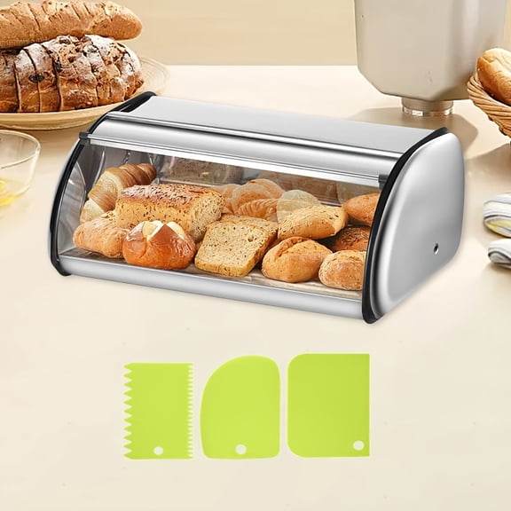 4pcs Bread Box for Kitchen Counter, Stainless Steel Roll Top Bread Bin, Sliver Bread Storage Holder with Lid, Large Capacity Bread Keeper