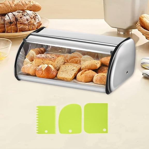 4pcs Bread Box for Kitchen Counter, Stainless Steel Roll Top Bread Bin, Sliver Bread Storage Holder with Lid, Large Capacity Bread Keeper