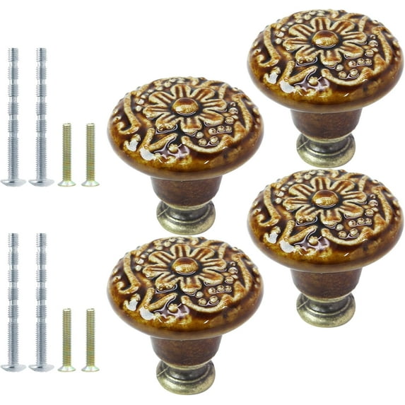 4pcs Brown Ceramic Cabinet Knobs, Vintage Kitchen & Retro Dresser Knobs, Decorative Drawer Pulls for Closet, Cupboard & Furniture Doors