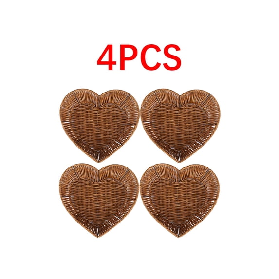 4pcs Brown Heart-Shaped Plastic Rattan-Look Storage Basket - Woven-Like Texture Multi-Purpose Tray for Fruits, Vegetables, Snacks & Bread, Durable Organizer for Kitchen & Dining Room, 10.24*8.27in