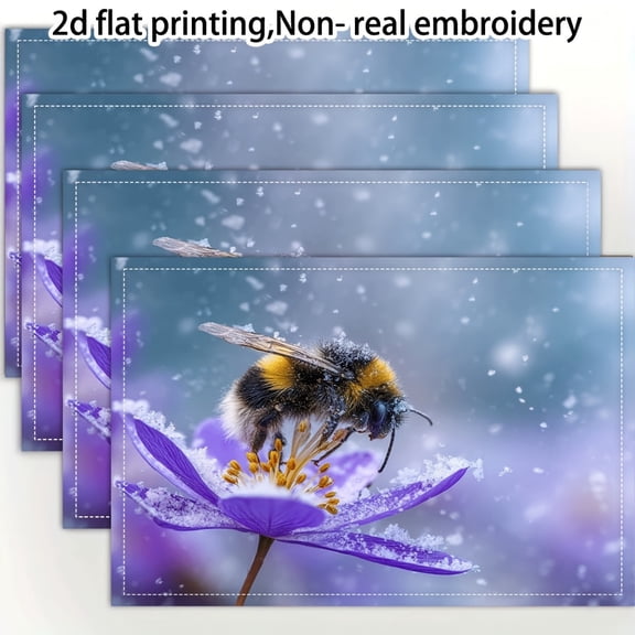 4pcs Bumblebee & Violet Flower Placemats - 12x18 Inch Square Linen Table Mats, Reusable Holiday Party Decor, Vibrant Snowy Scene Design