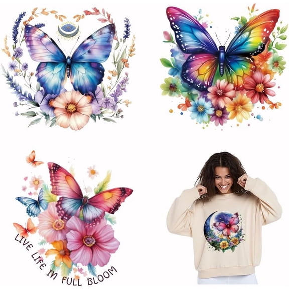 4pcs Butterflies and Flowers Heat Transfer Stickers Butterfly Iron on Transfers Iron on Patches Stickers Washable Heat Transfer Paper for DIY Making