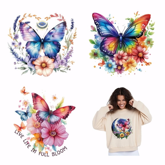 4pcs Butterflies and Flowers Heat Transfer Stickers Butterfly Iron on Transfers Iron on Patches Stickers Washable Heat Transfer Paper for Girl