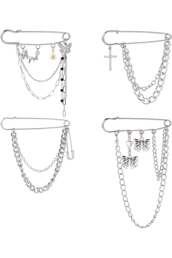 4pcs Butterfly Hanging Long Chain Brooch Pin Silver Bow Tie Cross Bar Pins Safety Pin Punk Cool Chains Sweater Shawl Collar Coat Brooches Pin for Suit Lapel Tuxedo Shirts Tie Hat Scarf