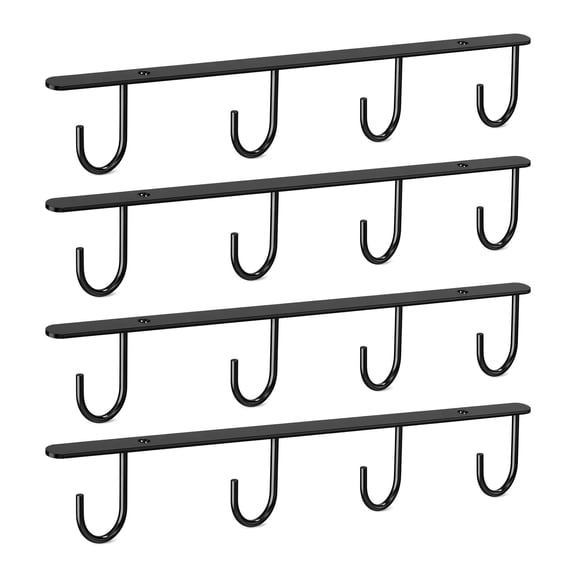 WEAIZYS 4pcs Under Cabinet Mug Hooks, Screw Mount Mug Holder, Coffee Cups Hook with 16 Hooks, Mug Organizer Rack for Displaying Mugs/Cups/Kitchen Utensils (Black)
