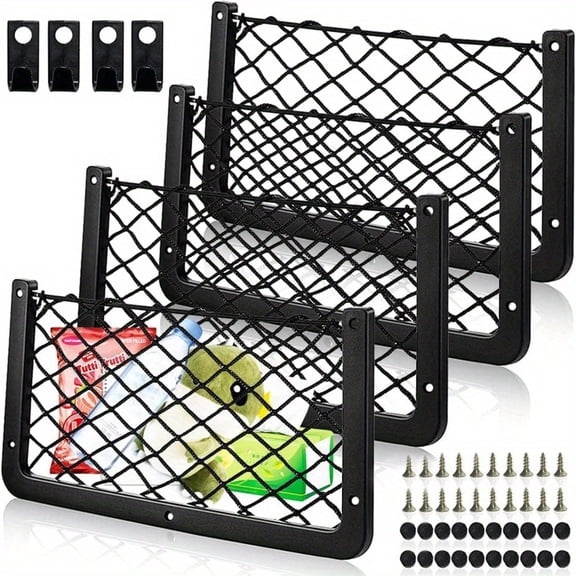 4pcs Campervan Storage Nets with Hooks - Durable Elastic Mesh Organizer Pockets for Car, 14x7 Inches - For Car Owners & Travelers - Ideal for Organizing Keys, Phones & More
