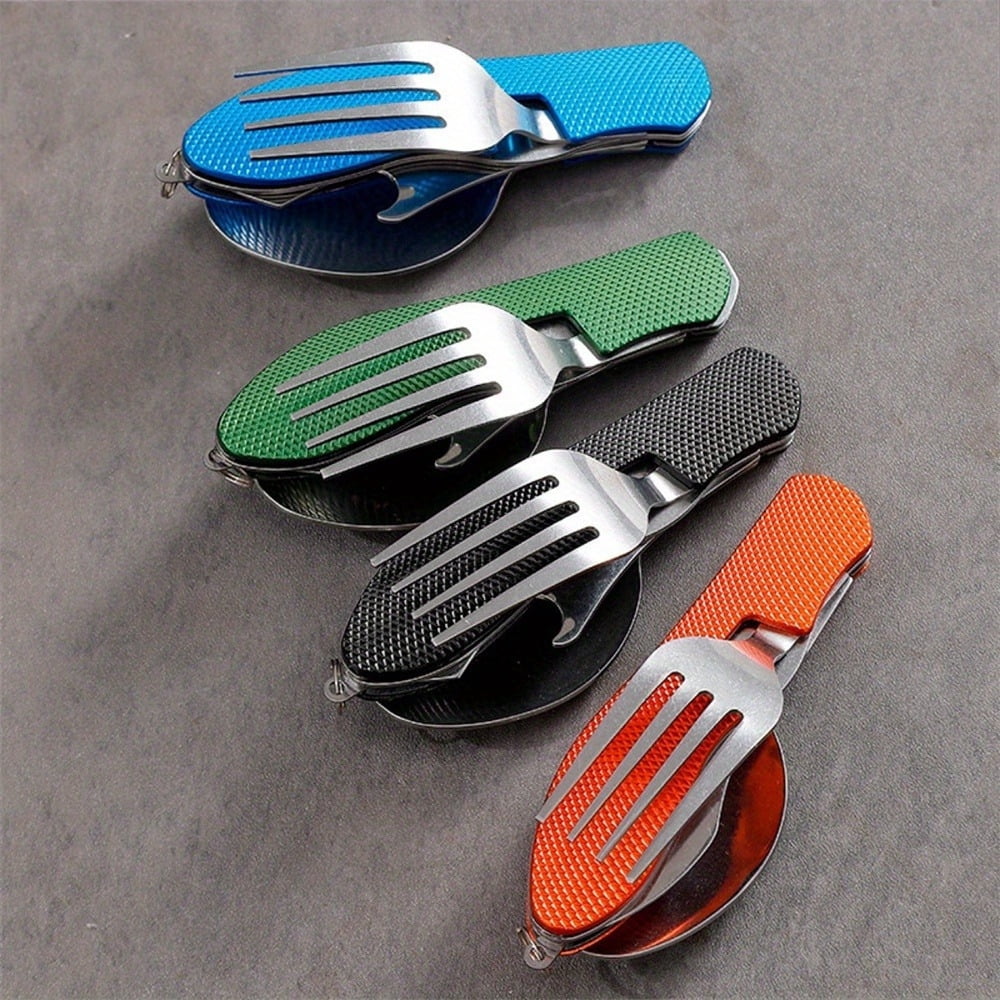 4pcs Camping Cutlery Set Folding Knife Set Stainless Steel Portable 4-in-1 Multi-Functional Outdoor Survival Travel Hiking Cutlery Set Detachable Cutlery