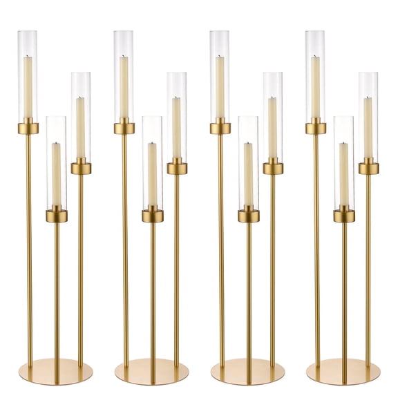 4pcs Candelabra 3 Arm Gold Taper Candle Holder with Glass Lampshade, Metal Candlestick Holder for Dining Table Centerpiece, Wedding Decor, Birthday Party Candle Stand