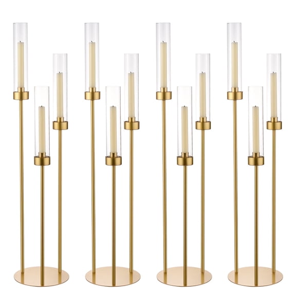 4pcs Candelabra 3 Arm Gold Taper Candle Holder with Glass Lampshade, Metal Candlestick Holder for Dining Table Centerpiece, Wedding Decor, Birthday Party Candle Stand