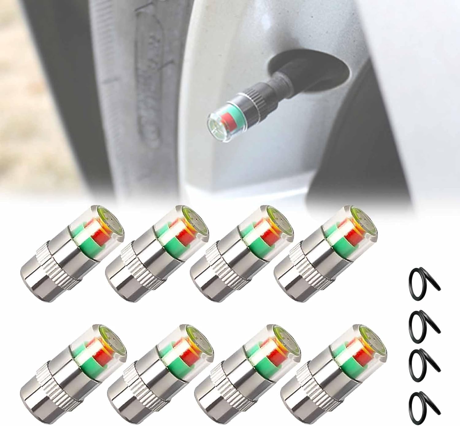 Opuweiy 4 PCS Car Tire Pressure Monitor Valve Stem Caps, 3 Color 2.4Bar Valve Stem
