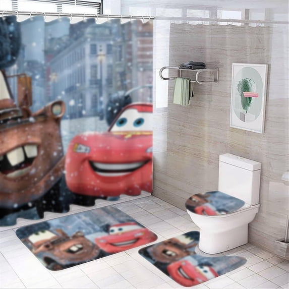 4pcs Cartoon Cars Anime Shower Curtain Sets with Non Slip Rugs, Toilet Lid Cover and Bath Mat, Waterproof Durable Bathroom Decor Curtains Cute Cartoon Red Shower Curtains with 12 Hooks 66x72 in