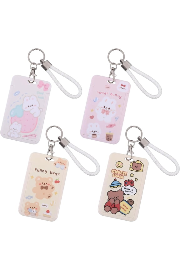 4pcs Cartoon Photocard Holder with Keychain ID Card Holder Bus Card Pendant Keychain Protective Photo Sleeves Colorful