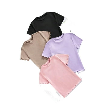 4pcs Casual Solid Round Neck Short Sleeve Multicolor Tween Girls T-Shirts (Girl's)