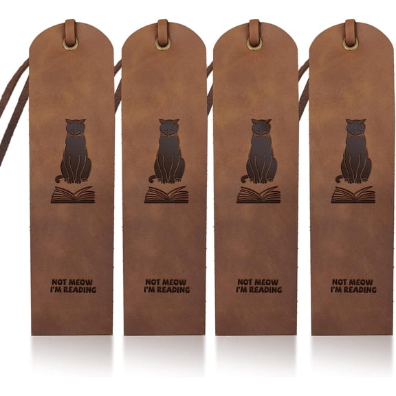 4pcs Cat Leather Bookmarks Genuine Leather Page Markers Cat Reading Book 27inch NOT MEOW I'M READING Text Cowhide Classic Tassel Design for Men Women