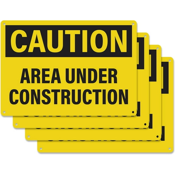 4pcs Caution Area Under Construction Sign 10x7 Inch | Plastic Sign for Construction Site, Hazard Area, No Trespassing, Waterproof Plastic
