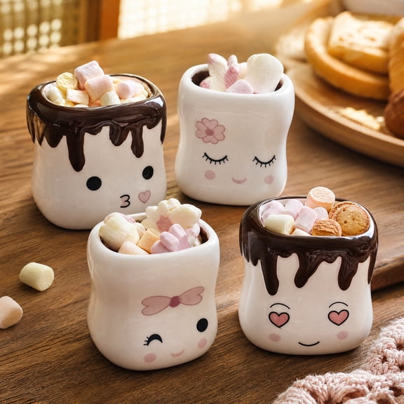 4pcs Ceramic Expression Mugs, Cute Marshmallow Face Coffee Cups with Handles, Decorative Drinkware Set for Coffee, Tea, Cocoa, Kitchen, Office and Party Serving, Multicolor