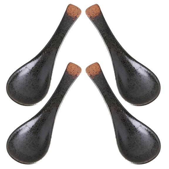 MERRYHAPY Japanese Ceramic Soup Spoons Black 4 Pieces Set Kitchen Utensils for Restaurant and Home Use