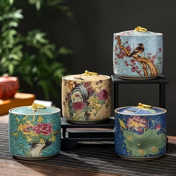 4pcs Ceramic Tea Storage Jar Set, Decorative Bird and Floral Design, Airtight Seal Canisters for Tea, Nuts, Coffee, with Home and Office Kitchen Organizers