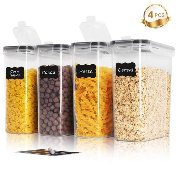 4pcs Cereal Storage Container Set, Plastic Sealed Food Containers, 84.5 Fluid Ounces, Suitable For Grains, Snacks, Cereal, Sugar, And Other Foods. Comes With 1 Sticker And Marker For Labeling.