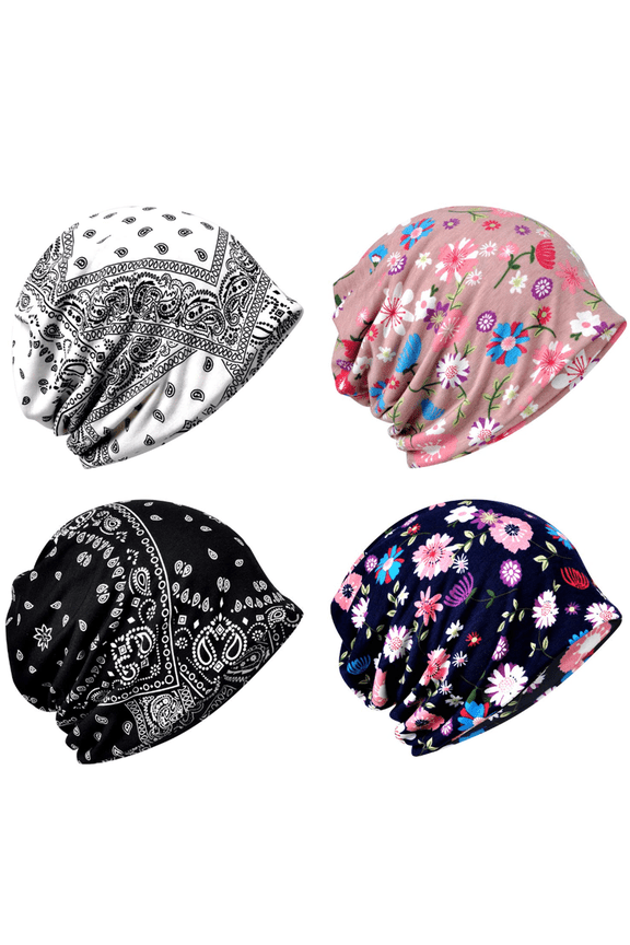 4pcs Chemo Headwear Turbans Cap Beanie Hat Head Wraps Hair Coverings for Women Sleep Cap Chemo Cancer Hat with Flower Design