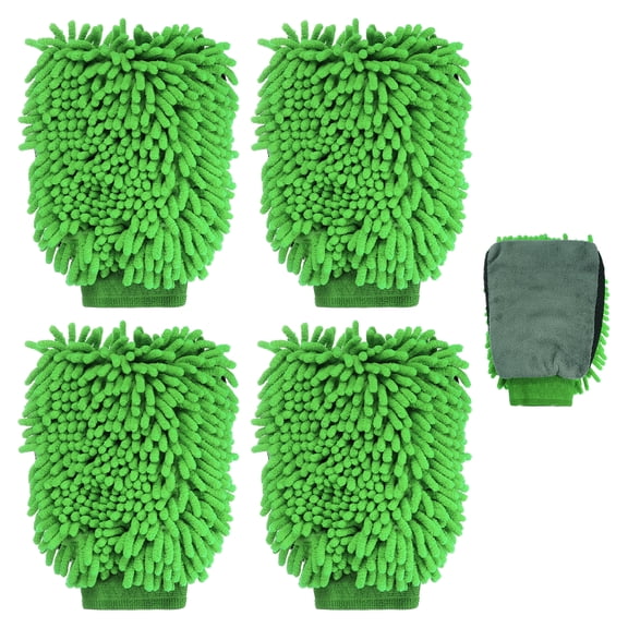4pcs Chenille Microfiber Car Wash Mitts 9.8" x 7.9" Scratch Free Wash Gloves Absorbent Double Sided Plush Cleaning Drying Mitts for Car Washing Home Clean, Green