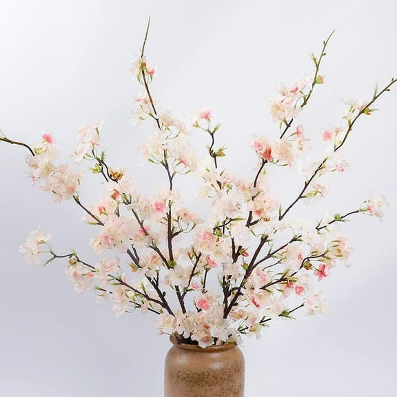 4pcs Cherry Blossom Flowers Artificial, Fake Silk Cherry Blossom Branches Tall Peach Blossom Flower Stems Arrangement for Wedding Home Office Party Decoration (White-1)