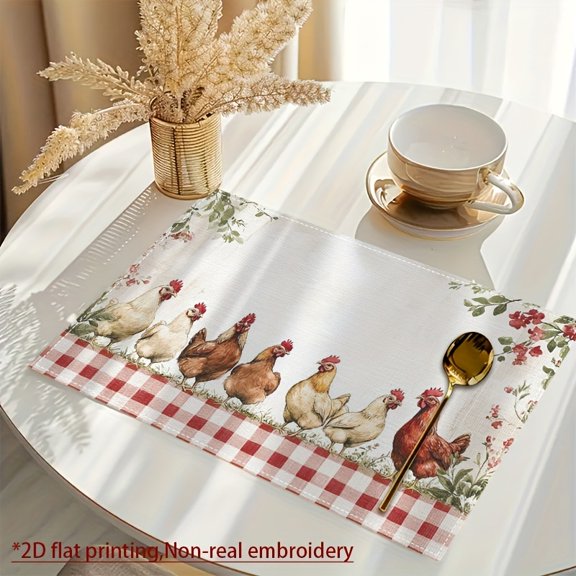4pcs Chicken & Floral Placemats with Gingham Border - Washable Table s Suitable for Kitchen Dining Table, Farmhouse Chicken Decor, Hand Wash Only