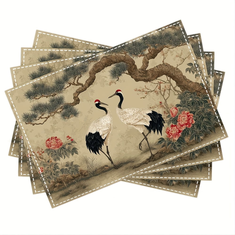 4pcs Chinese Table Mats with Red Crowned Cranes - Traditional Asian ...