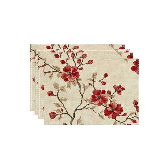 4pcs Chinese style plum Blossom pattern, machine washable polyester placemat, heat resistant, dirty, hot, waterproof and easy to clean placemats, table decoration, holiday party layout