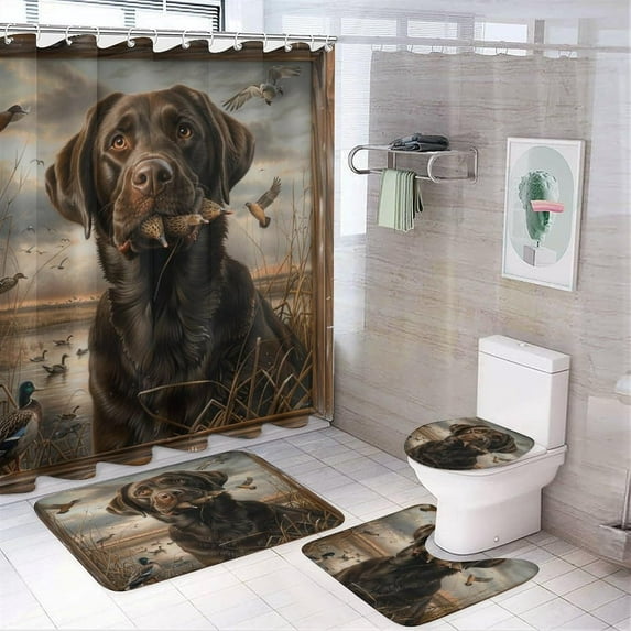 4pcs Chocolate Labrador Shower Curtain Sets with Rugs, Toilet Lid Cover and Bath Mat, Mallard Duck Dog Nature Animal Bathroom Curtains Decor Shower Curtains, 72" X 72"