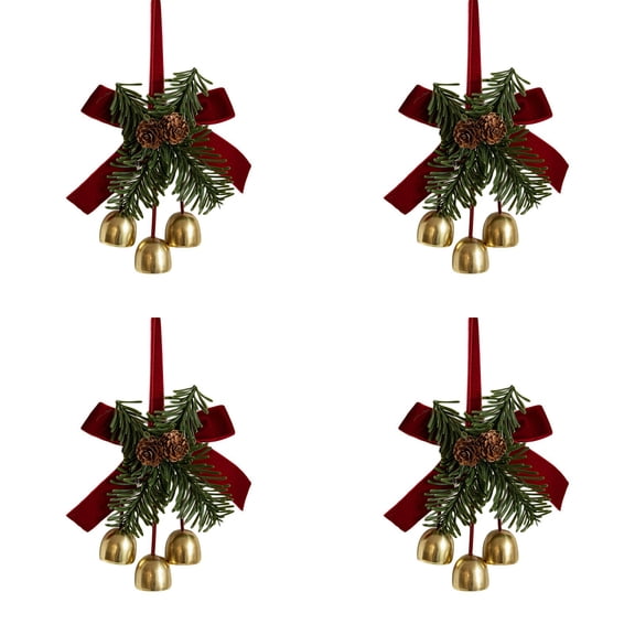 4pcs Christmas Bows with Bells Velvet Ribbon Decorations,with Pinecone Pine Needle and Leaf for Xmas Tree Wreath Door Decor, Festive Gold Ironwork Hanging Ornaments for Home Wedding Indoor Party