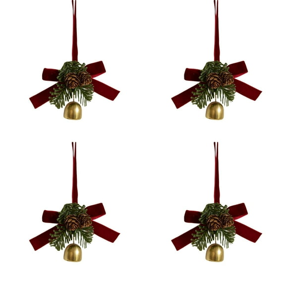 4pcs Christmas Bows with Bells Velvet Ribbon Decorations,with Pinecone Pine Needle and Leaf for Xmas Tree Wreath Door Decor, Festive Gold Ironwork Hanging Ornaments for Home Wedding Indoor Party