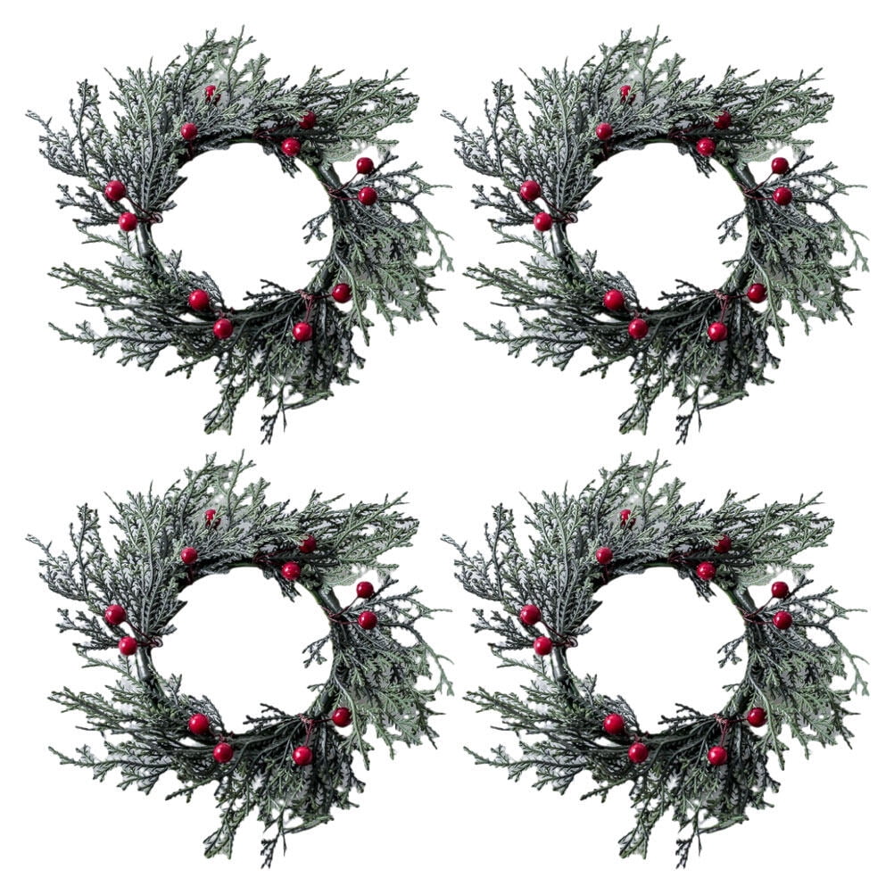 4pcs Christmas Candle Rings Artificial Red Berries Snowy Pine Needles Garlands 6523