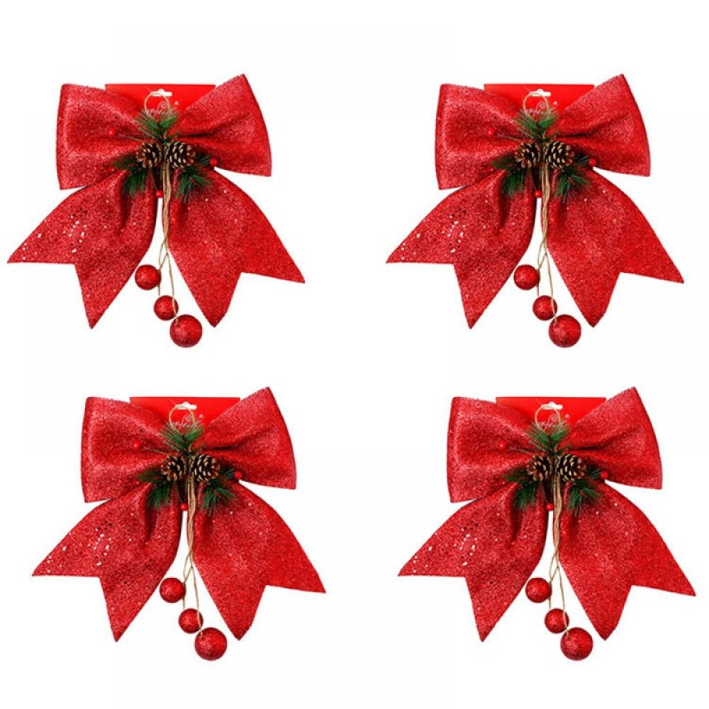 4pcs Christmas Decorative Bow Christmas Tree Glitter Bow Xmas Bows Ornament with Pinecone Red Bows for Wreath Garland Treetopper Christmas Party Gifts Home Indoor Decor 9.8 x 11.8in