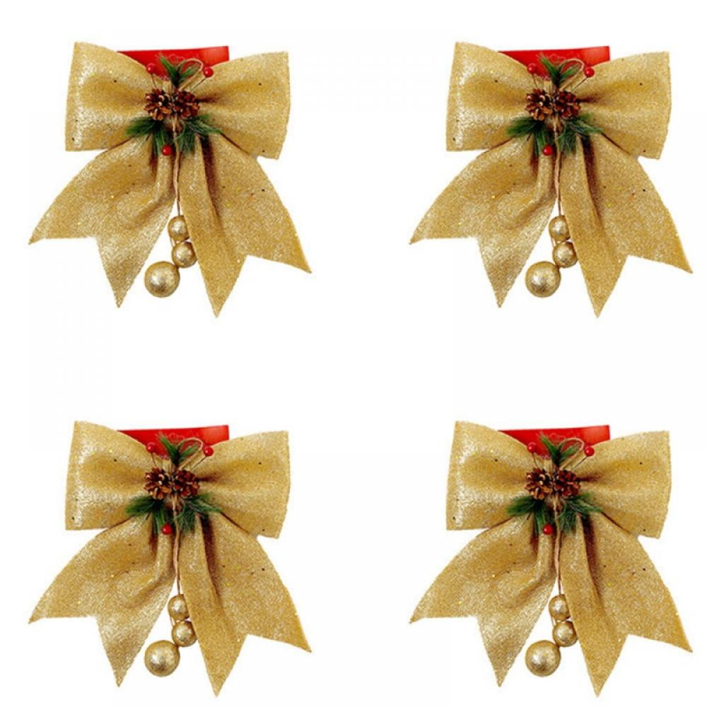 4pcs Christmas Decorative Bow Christmas Tree Glitter Bow Xmas Bows Ornament with Pinecone Red Bows for Wreath Garland Treetopper Christmas Party Gifts Home Indoor Decor 9.8 x 11.8in